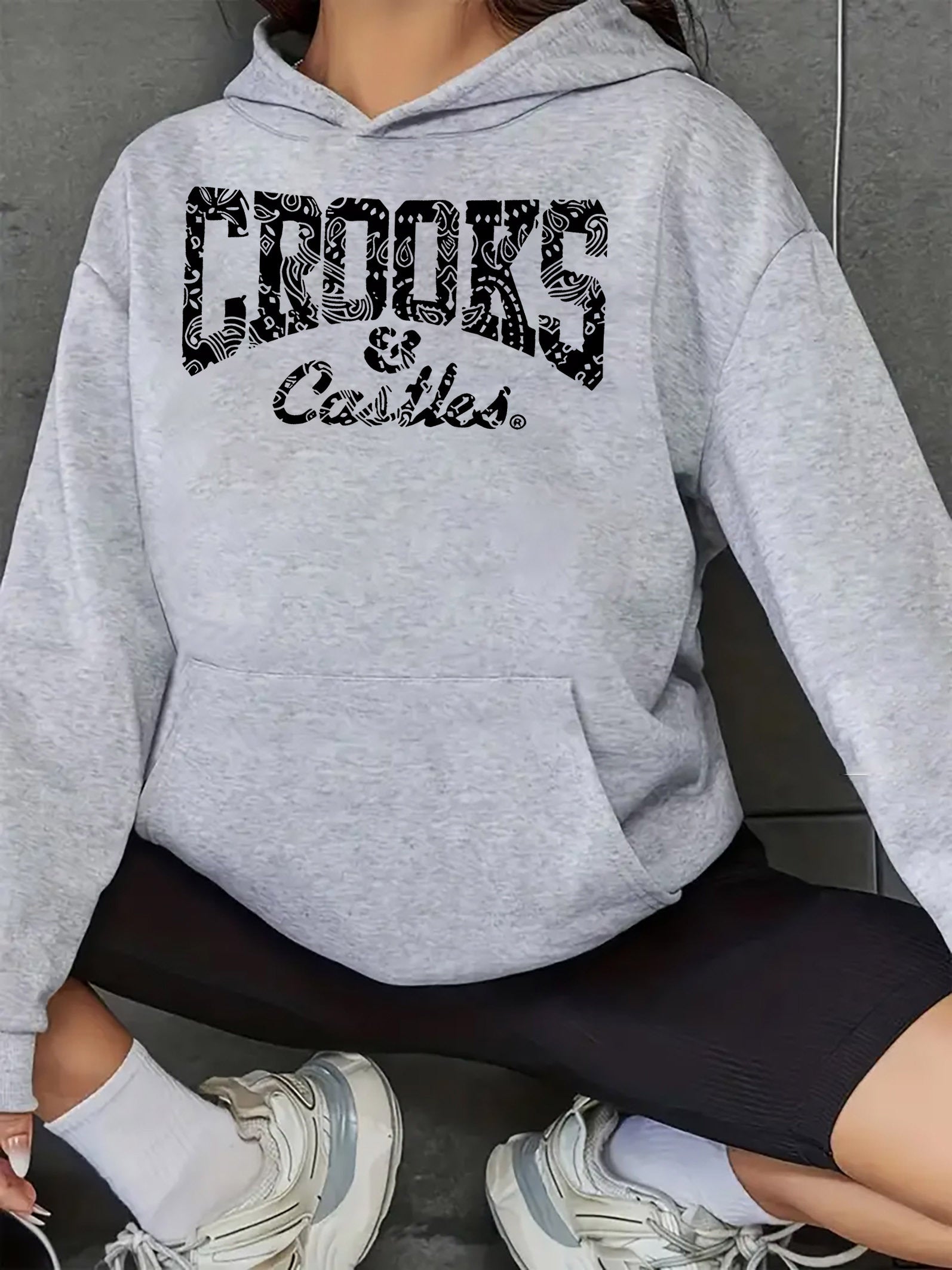 Women's Casual Sports Hoodie with Kangaroo Pocket, 100% Polyester Knit Fabric, Light Gray Heathered Texture, Bold "CROOKS & CASTLES" Letter Print, Relaxed Fit Pullover Sweatshirt for All Seasons